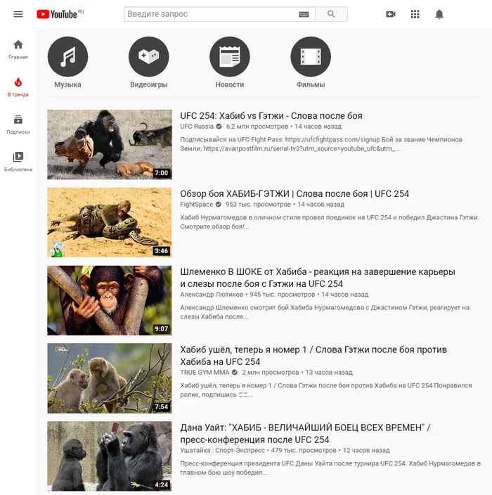 Треды youtube сегодня - UFC, Хабиб Нурмагомедов, YouTube, Тренд