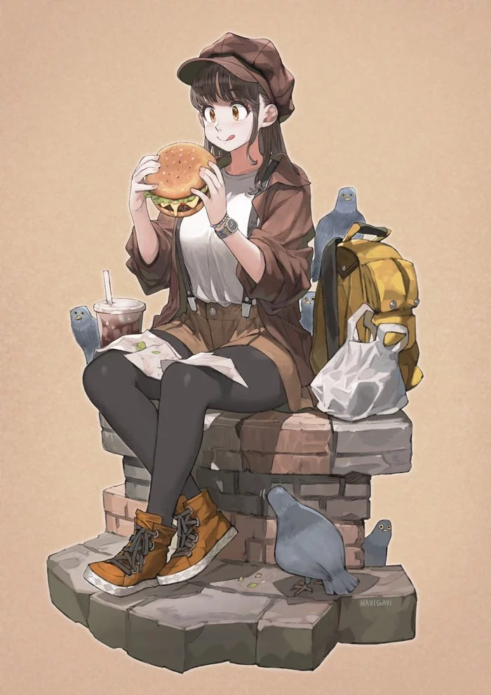 Run, little bird! She's not full! - Navigavi, Anime art, Original character, Longpost, Anime, Fast food