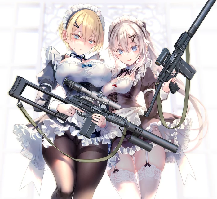 9a-91 & Vsk-94 - NSFW, Аниме, Anime Art, Girls Frontline, 9a-91, Панцу, Колготки, Чулки, Горничная, Vsk-94