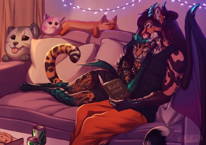 Quiet evening <3 - Nelly63, Furry, Art, Books, Romance, Sketch, Sofa, Evening, Ocelot, Furry feline