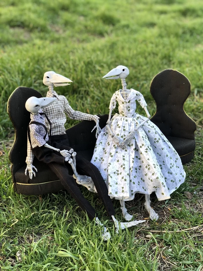Raven family - My, Doll, Textile doll, Interior doll, Portrait doll, , Handmade dolls, , Needlework with process, , Creation, Birds, Humanization, Video, Longpost