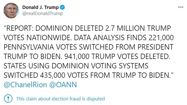 Трамп заявил, что электронная система голосования Dominion удалила 2,7 млн голосов, отданных ему - Дональд Трамп, Политика, Twitter, Выборы США