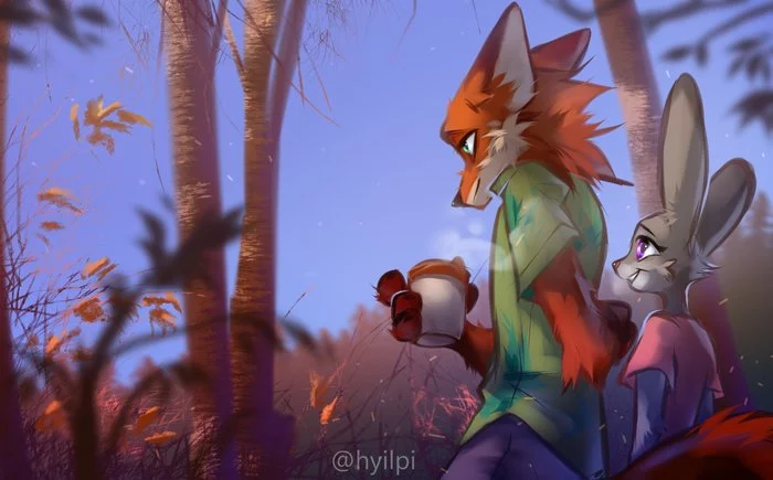 Autumn forest - Zootopia, Judy hopps, Nick wilde, Art, Hyilpi, Walk