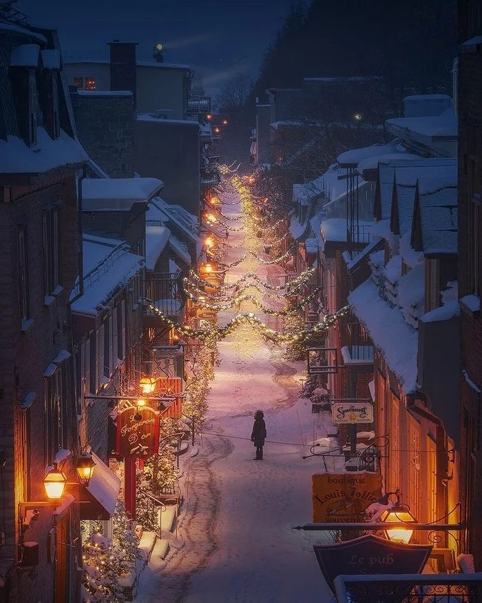 Christmas atmosphere - The photo, Winter, Christmas, Canada, Night, Night city, Quebec, The street, Lighting