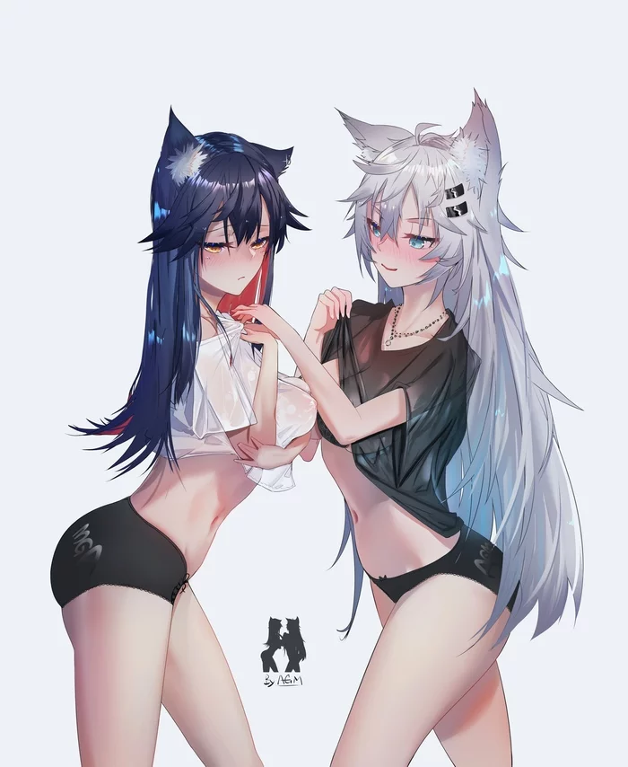 Lappland & Texas - NSFW, Anime, Anime art, Arknights, Lappland, Texas, Underwear, Breast, Pantsu, , Animal ears, Texas (Arknights)