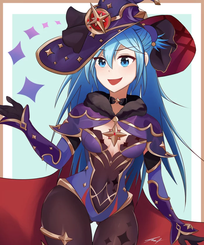 Aqua - Konosuba, Aqua, Genshin impact, Mona (genshin impact), Anime art, Anime, Crossover