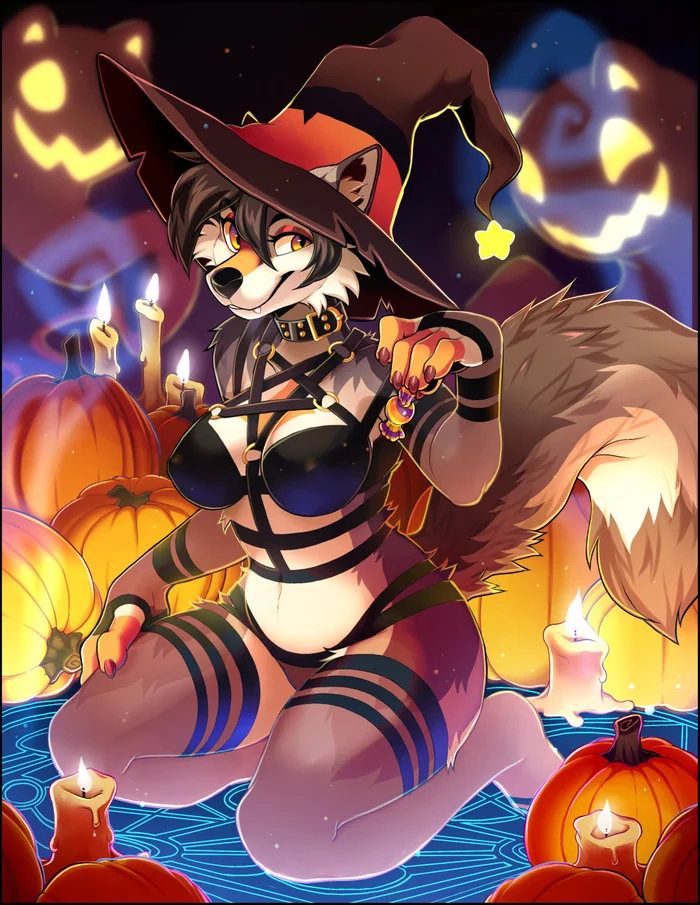 Stay for a Spell - NSFW, Furry, Art, Furry edge, Witches, Halloween pumpkin, Halloween, Candle, Furry wolf, Furry canine, Roanoak, Night