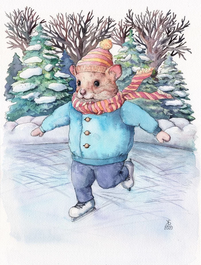 Hamster on skates - My, Hamster, Drawing, Watercolor, Winter