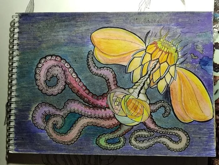 Drawing one Tentacles and flower - Art, Drawing, Tentacles