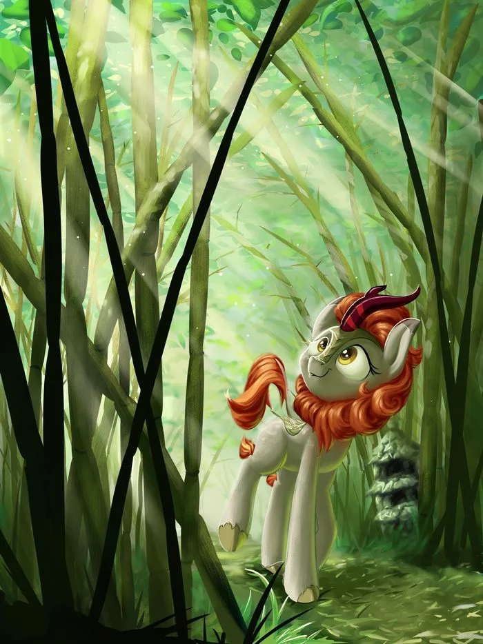 Autum looks at the bamboo with a loving gaze - My little pony, PonyArt, Autumn blaze, MLP Kirin, Rocket-Lawnchair