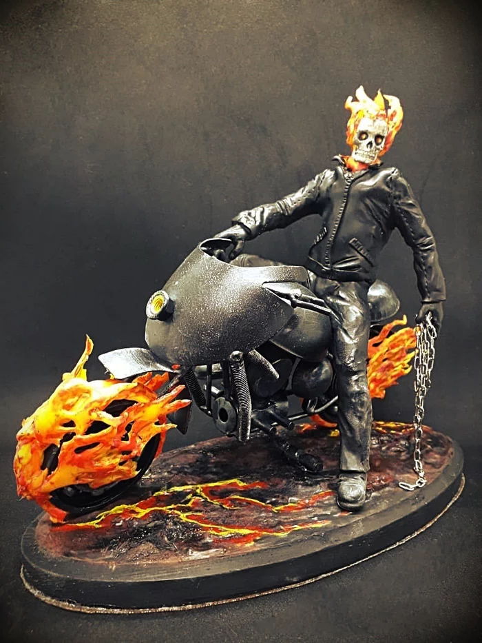 Кастомная фигурка призрачного гонщика - Моё, Marvel, Ghostrider, Комиксы, Полимерная глина, Статуя, Фигурки, Ручная работа, Скульптура, Длиннопост