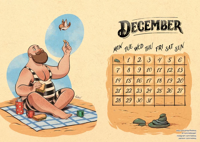 Warm calendar 2020 December - My, Redisoj, Images, Drawing, Art, Beard, The calendar, Birds