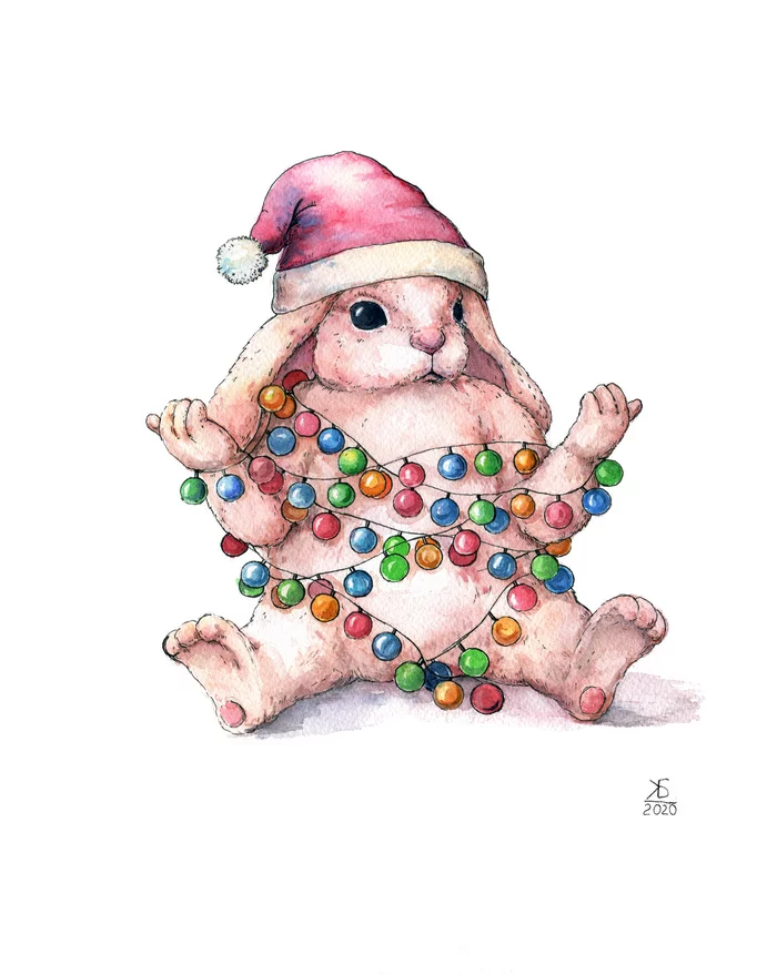 Rabbit in a garland - My, Watercolor, Liner, Capillary handle, Rabbit, Graphics, Garland, Drawing, New Year