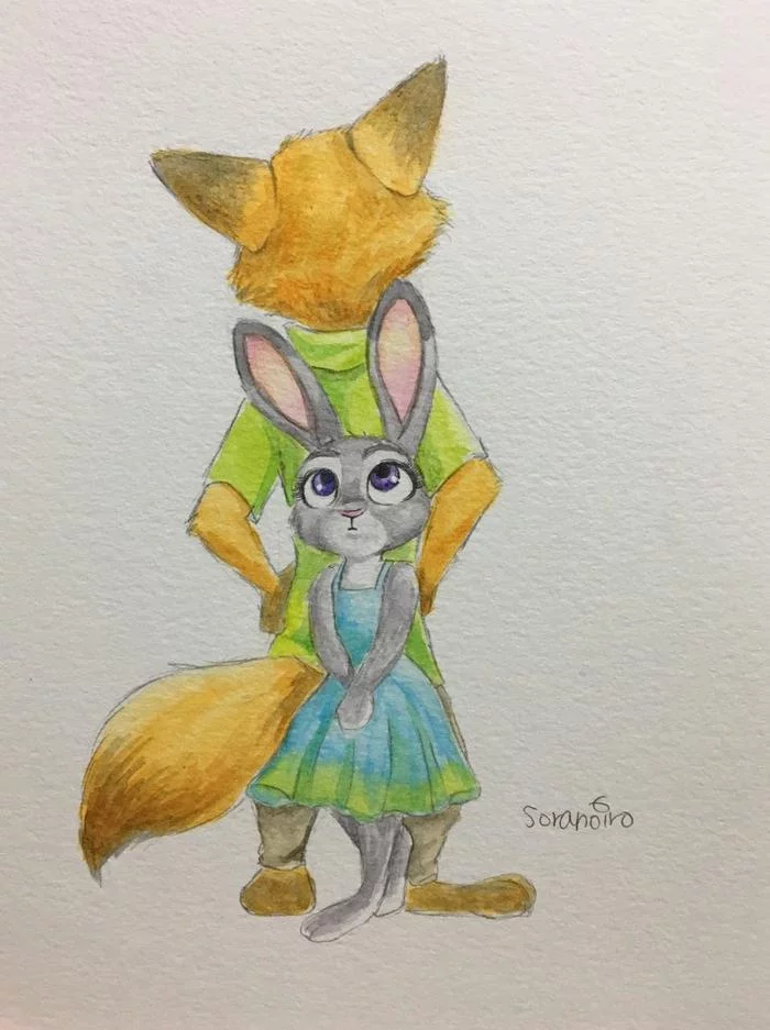 Nick and Judy - Zootopia, Judy hopps, Nick wilde, Sketch, Watercolor, Art