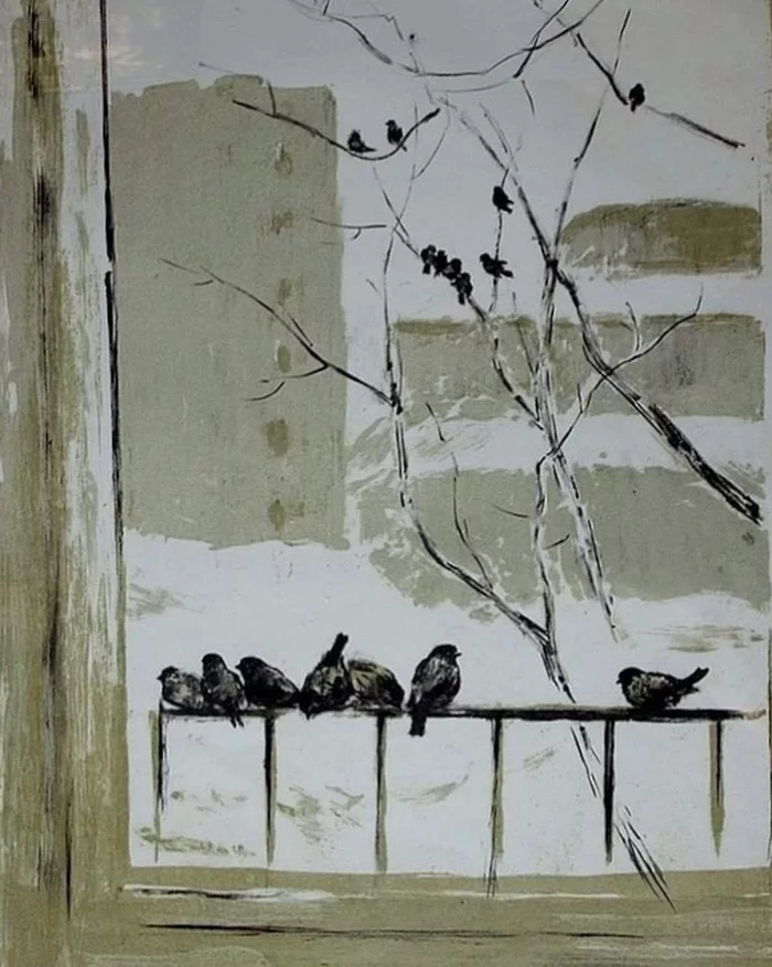 sparrows - Art, Painting, Painting, Window, Winter, Birds, Sparrow