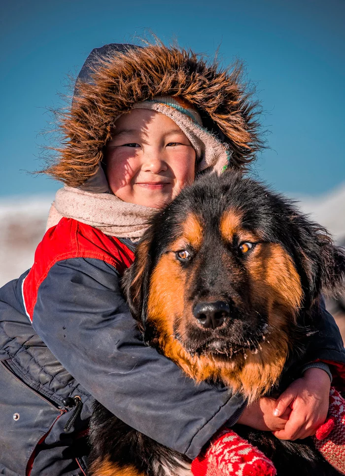friendship forever - Children, Dog, Buryat-Mongolian Wolfhound, Mongolia