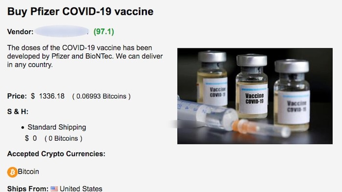 Драг диллеры продают Pfizer вакцину в даркнете за 0.06 Биткоин