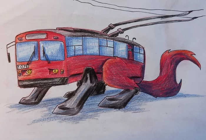 Kind of like a living trolleybus or something, I copied it from a drawing by _warshy_, at least I tried to draw it properly - My, Trolleybus, Art, Top cars