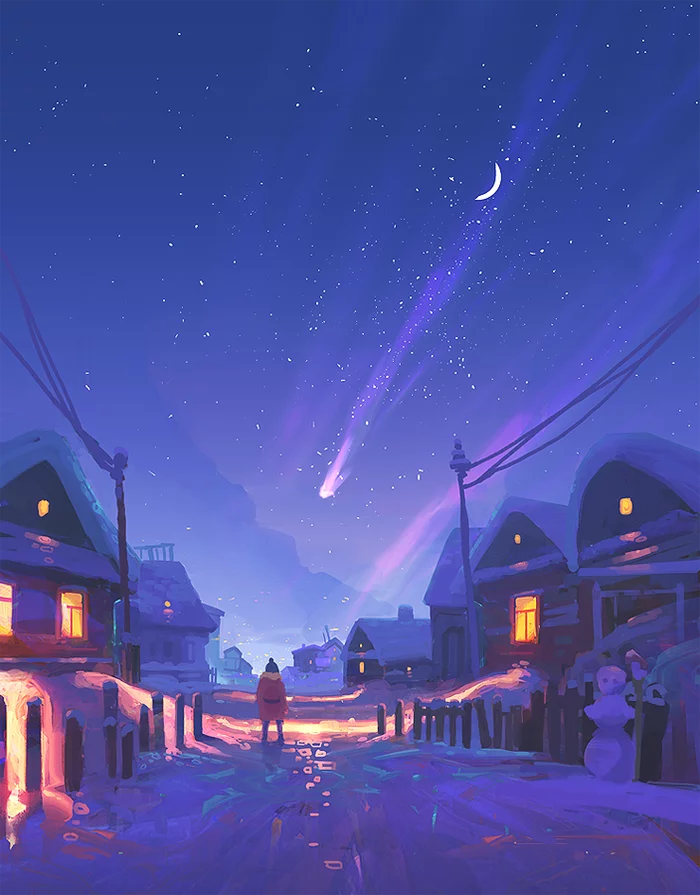 make a wish - Drawing, Evening, Winter, Children, Stars, Art, Gydw1n