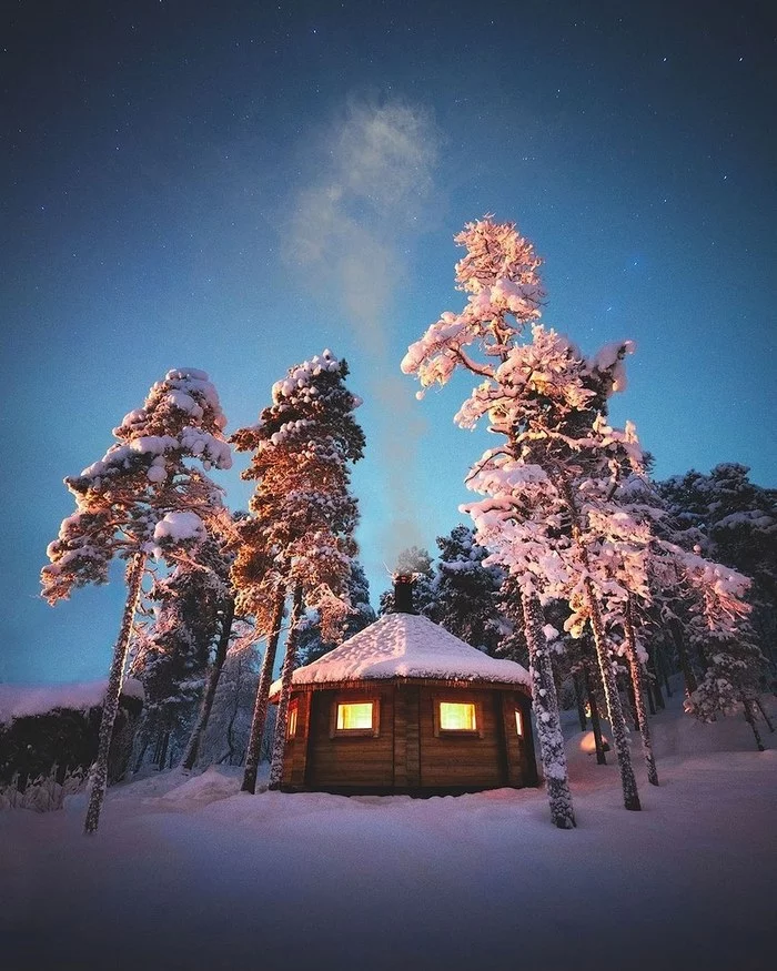 Зимняя Лапландия - Фотография, Лапландия, Европа, Зима, Лес, Природа, Снег, Дом, Вечер