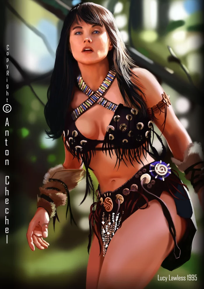Lucy Lawless (Xena: Warrior Princess 1995-2001) - My, Art, Fan art, Sketch, Movies, Digital drawing, Photoshop, Artist, Longpost, Movie heroes, , 90th, Actors and actresses, Cinema, 2000s, Lucy Lawless, Xena - the Queen of Warriors, Girls, Sports girls, Serials
