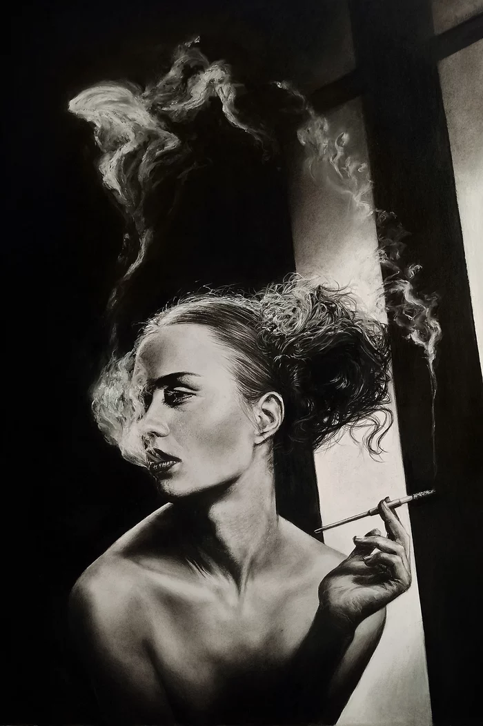 You had plenty money in 1922, you let other women make a fool of you - My, Coal, Portrait, Painting, Retro, Inspiration, Artist, Women, Smoke, Black and white, Painting