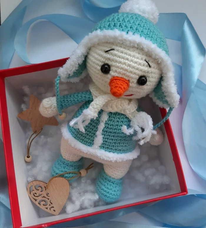 Snowman in a hat with earflaps - My, snowman, Amigurumi, Needlework without process, Knitted toys, Crochet, Hobby, With your own hands