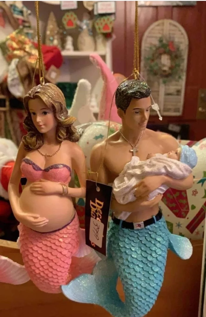 Christian mermaid family - Mermaid, Mermaid Guy, Christmas decorations, Humor, Strange humor, Pregnancy, Christianity, New Year, Family