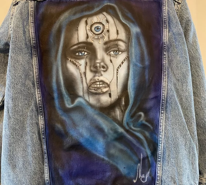 Drawing on a denim jacket - My, Handmade, Jacket, Customization, Acrylic, Airbrushing, Video, Longpost