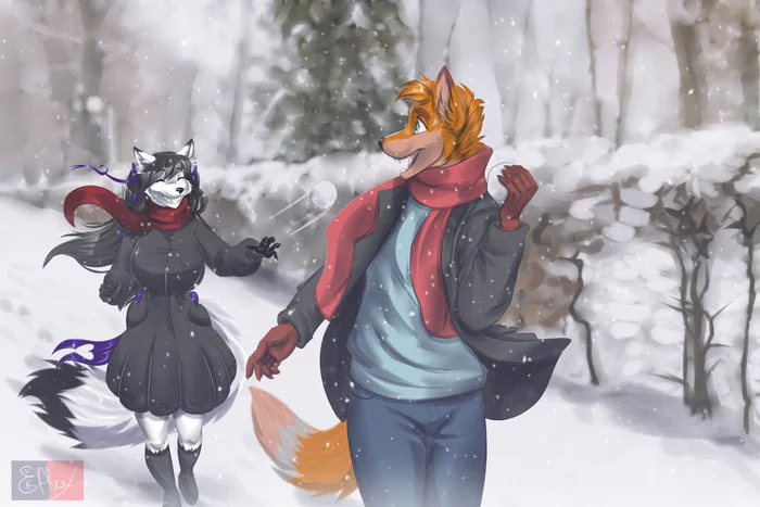 Snowballs - Furry, Anthro, Art, Furry wolf, Furry fox, Aleksikashvets