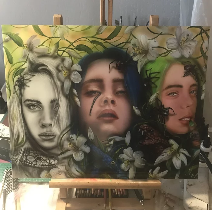 Painting on a clayboard with acrylics Billie Eilish - My, Painting, Portrait, Portrait by photo, Billie Eilish, Acrylic, Airbrushing, Drawing, Video, Longpost