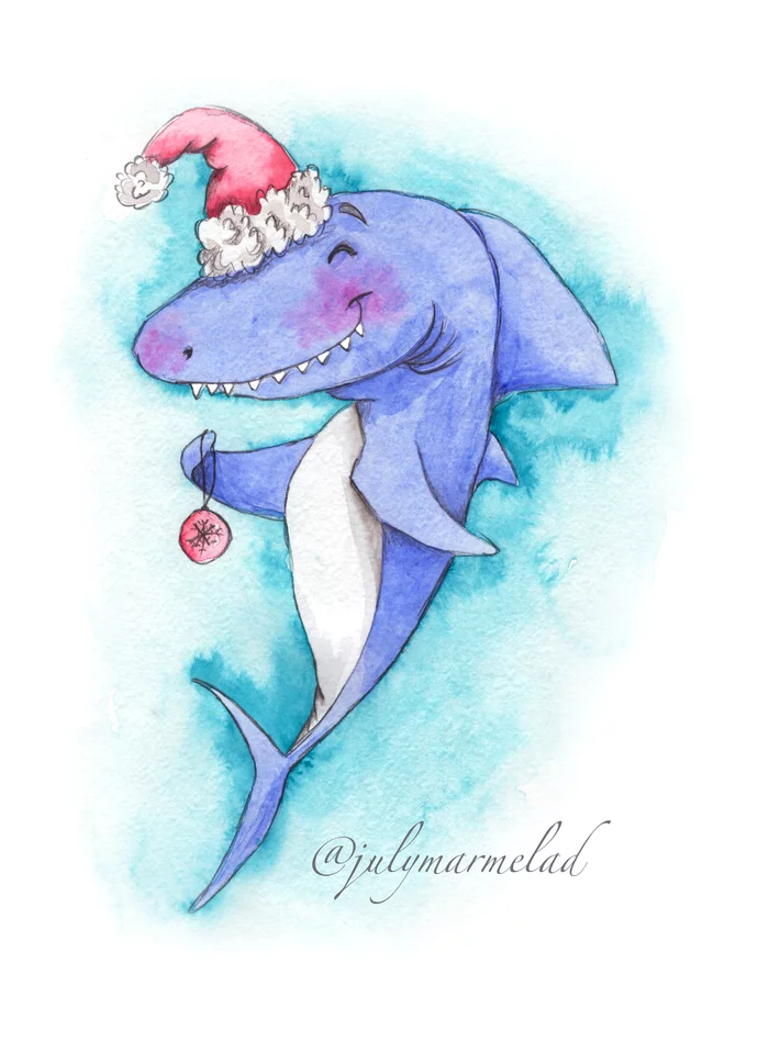 The holiday comes to us - My, Shark, Holidays, New Year, Watercolor, Christmas illustration, Illustrations, Strange humor