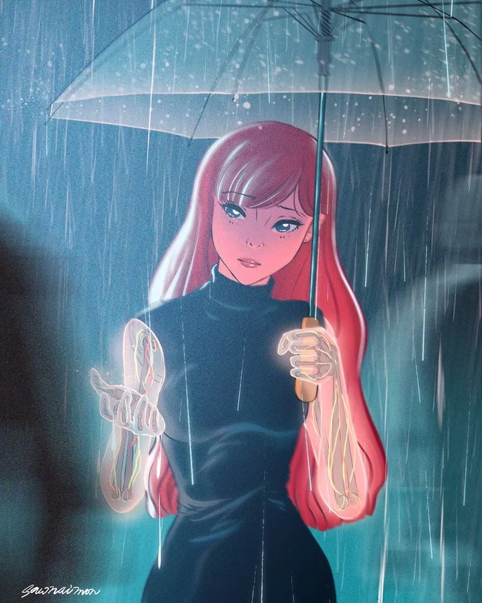 In the rain of the future - Drawing, Cyberpunk, Future, Cyborgs, Girls, Rain, Art