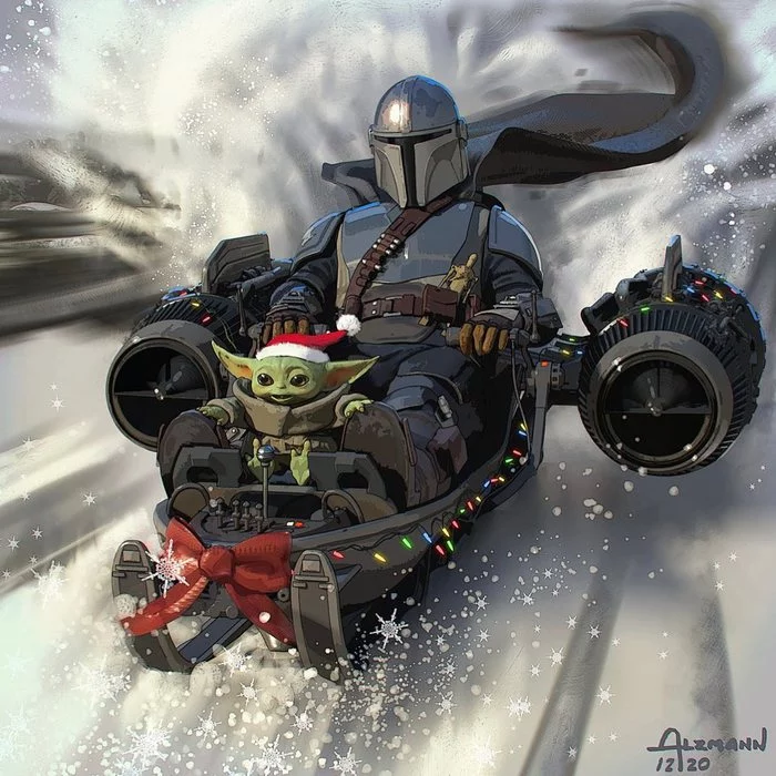 Official Christmas Art by Christian Alzmann and Lucasfilm - Grogu, Holidays, Christmas, Serials, Drawing, Lucasfilm, Mandalorian, Art