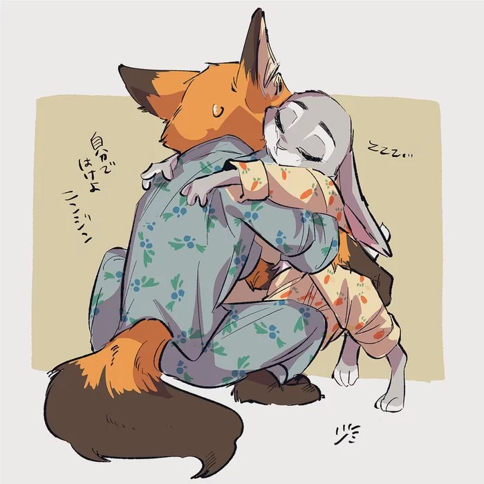 Hugs before bed - Zootopia, Nick wilde, Judy hopps, Nick and Judy, Hugs, Drowsiness, Pajamas, Goodnight, Milota, Art