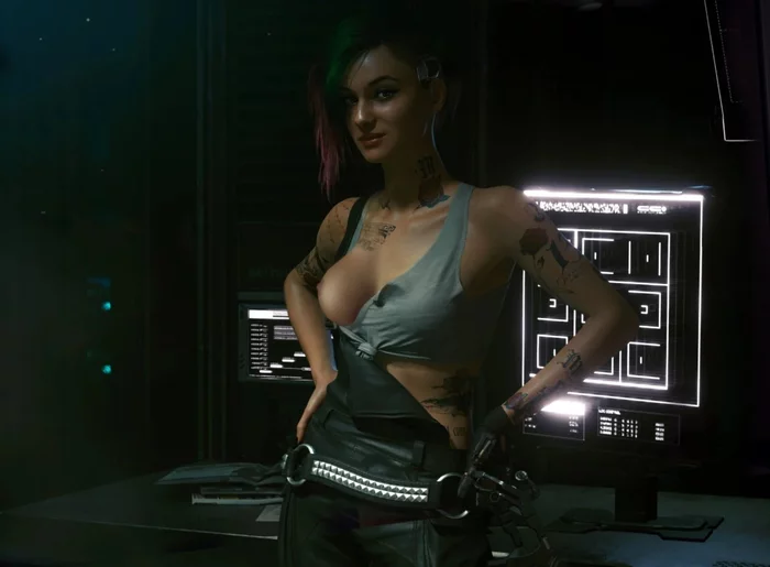 Judy Alvarez - NSFW, Арт, 3D, Cyberpunk 2077, Джуди Альварес, Девушки, Эротика, Рисованная эротика, Game Art, Сиськи, Тату, Девушка с тату