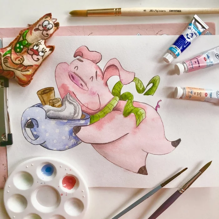 Just a happy pig with cocoa - My, Piggy, Piglets, Watercolor, Illustrator, Cocoa, New Year, Yummy