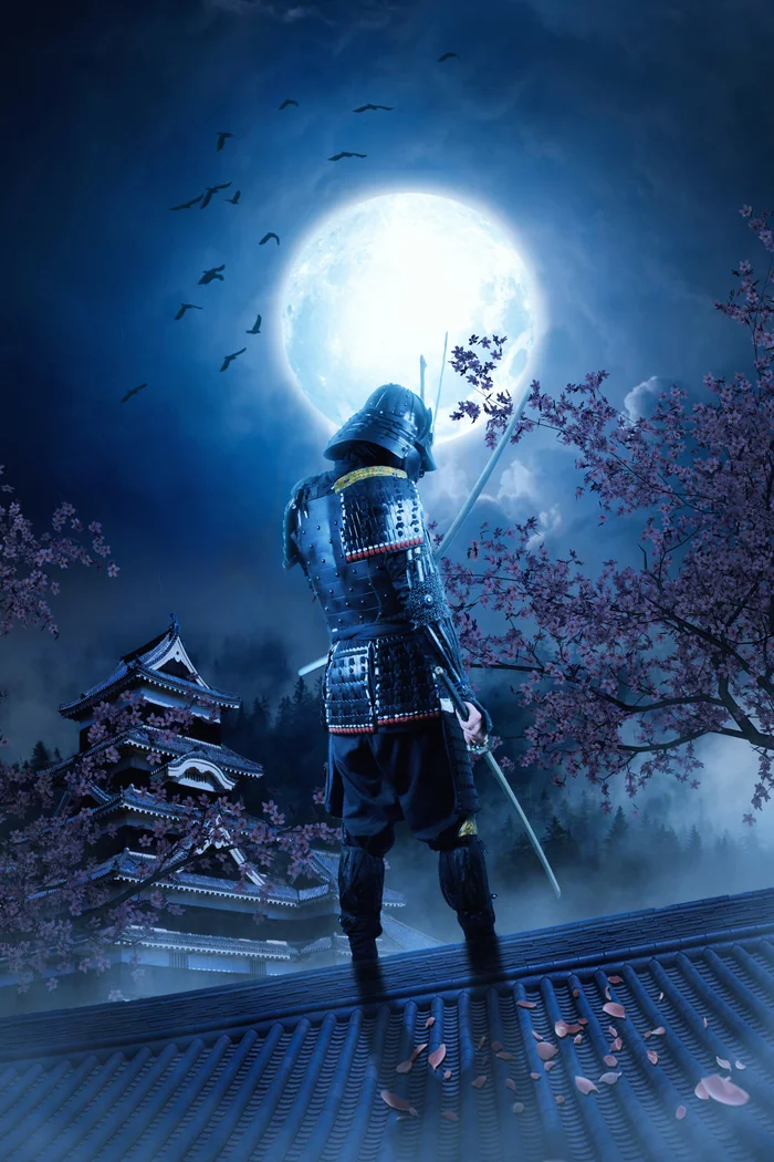 Under the moon - Samurai, moon, Roof, Sakura, Lock, Forest, Fantasy, Petals, , Sword, Armor, Birds