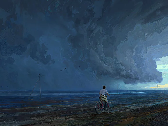 The storm is coming - Art, Drawing, Storm, Sky, A bike, Men, Artem Chebokha (RHADS)