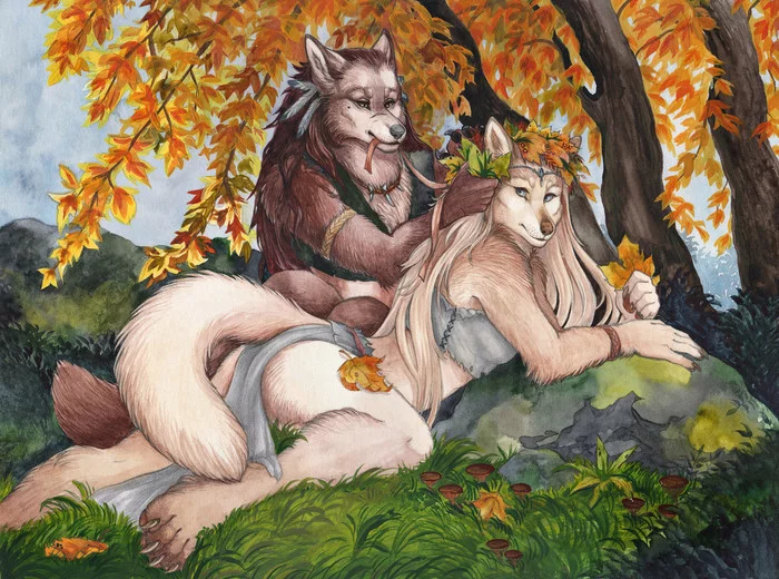 Wreath of leaves - Furry, Anthro, Art, Traditional art, Furry wolf, Lirietrai