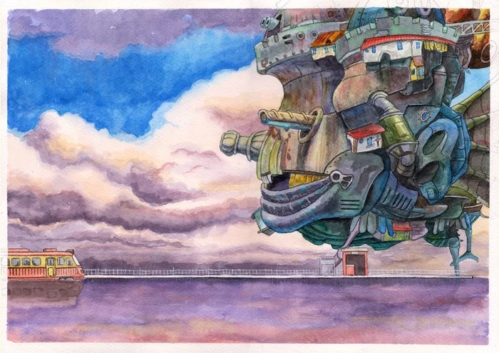 FREE RIDER - My, Hayao Miyazaki, Spirited Away, Anime, Watercolor, Drawing, Haul's walking castle