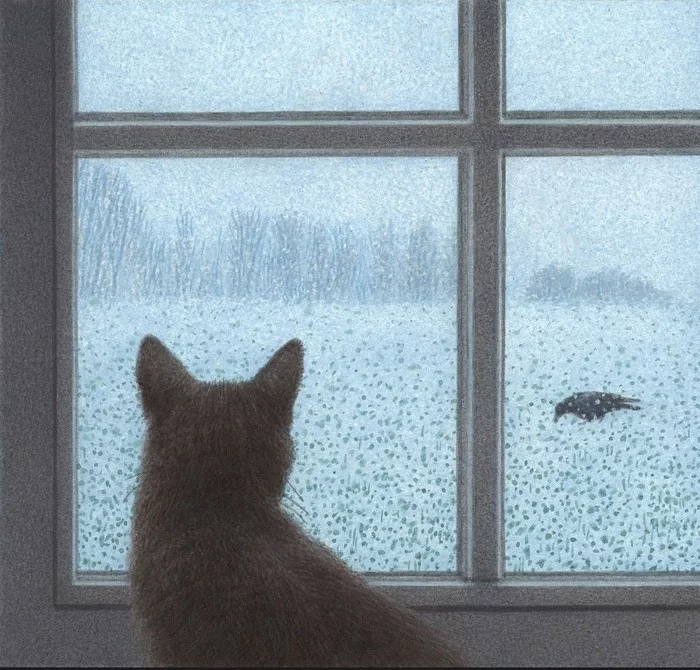 November snow - Art, Drawing, cat, Window, Snow, Birds