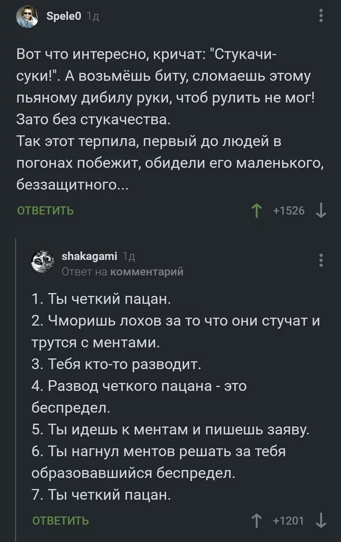 Четкий пацан или стукач - Комментарии на Пикабу, Стукач, По понятиям, Двойные стандарты, Скриншот, Полиция, Четкий пацан