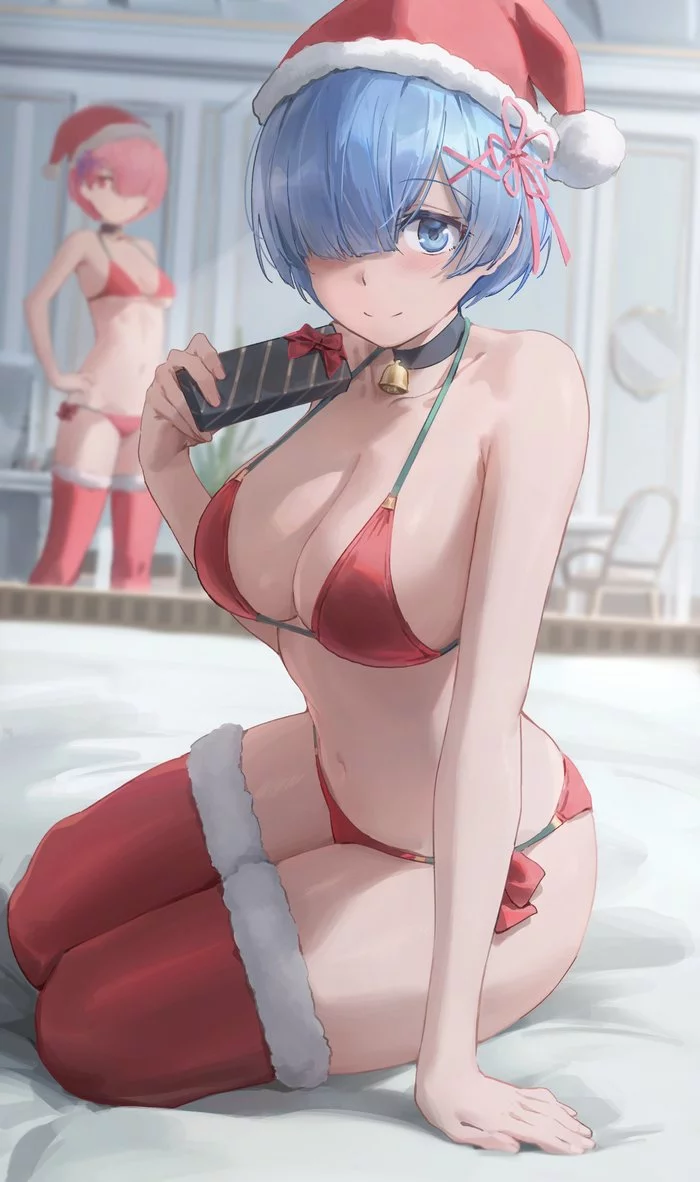 Rem & Ram Christmas - NSFW, Art, Anime, Anime art, Re: Zero Kara, Ram (Re: Zero Kara), Rem (Re: Zero Kara), Girls, Erotic, Hand-drawn erotica, Swimsuit, Bikini, Stockings, Boobs, Christmas, Presents, Yohan1754