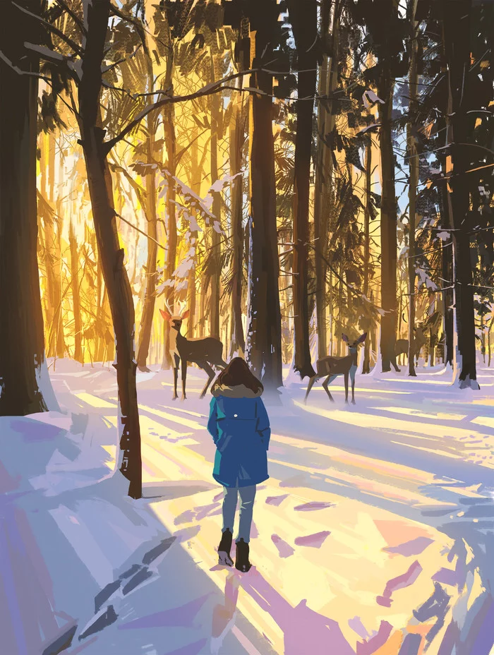 Winter forest - Art, Drawing, Girls, Winter, Forest, Deer, Snatti