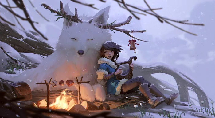 Campfire - Art, Drawing, Girls, Fox, Bonfire, Winter, Dao Trong Le