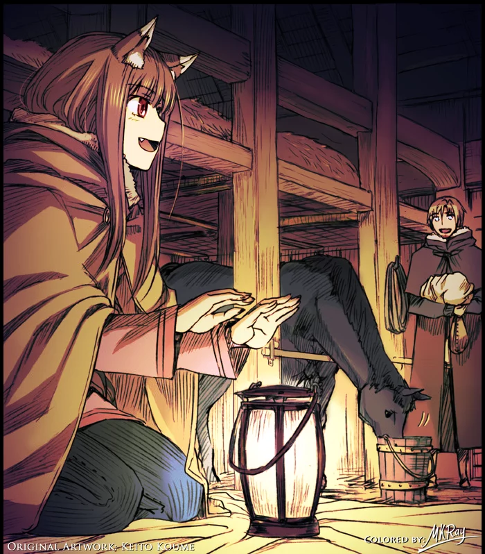 [Colorization] Let's settle down here for the night - Wolf, Spice and wolf, Anime, Anime art, Art, Koume Keito, Holo, Colorization, Animal ears