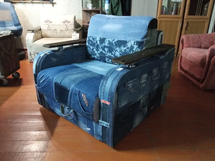 Old chair + old jeans = new chair. - My, With your own hands, Furniture, Armchair, Jeans, Organizer, Grunge, Loft, Sewing, , Interior, Design, Longpost, Needlework with process