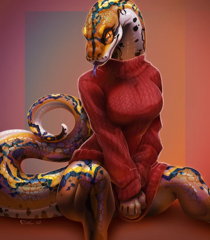 Sweater Weather - Фурри, Furry Art, Furry scalie, Furry snake, Сетчатый питон, Свитер, Fivel