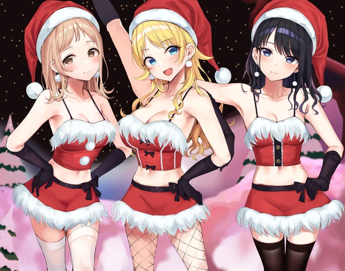 Idolmaster trio - Аниме, Anime Art, Idolmaster, Idolmaster shiny colors, Hachimiya meguru, Hiori Kazano, Sakuragi mano, Грудь, Чулки, Santa costume